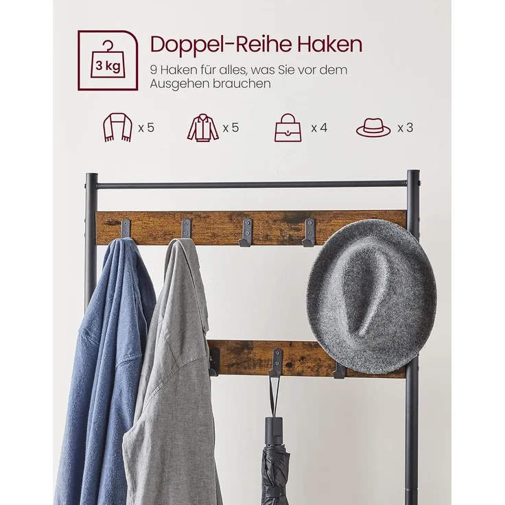 Vasagle Garderobenständer, Kleiderständer mit Schuhablagen, Schuhregal mit Sitzfläche für Flur, mit Haken, Metallrahmen mit matter Oberfläche, von Songmics HSR41BX – Bild 4