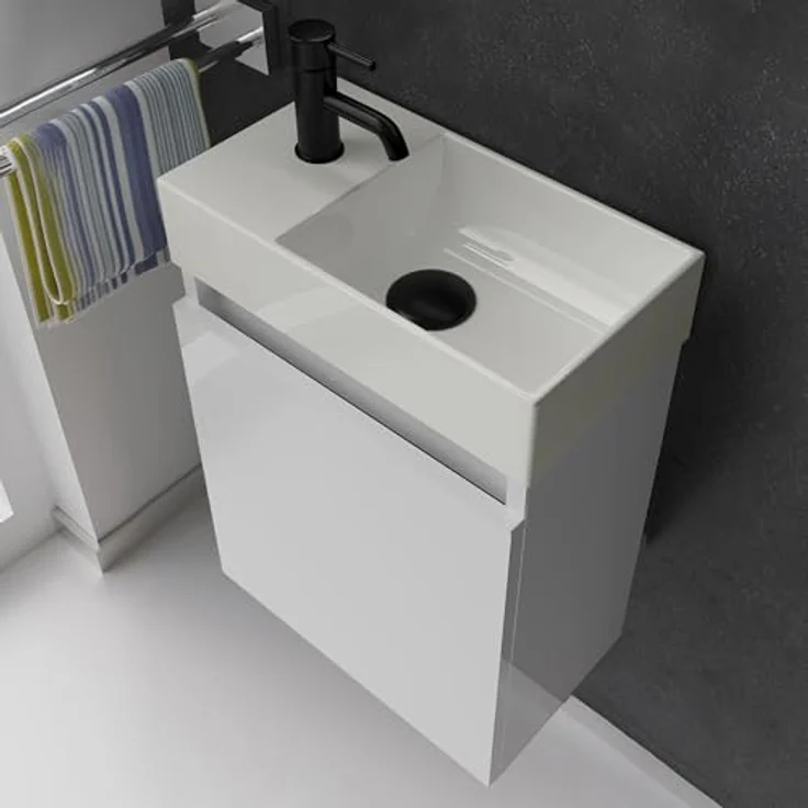 Alpenberger Badmöbel-Set Gäste WC Waschbecken mit Unterschrank - Badschrank Hängend, (2-tlg. Waschtisch Set Weiß, Waschbeckenunterschrank mit Softclose), Waschplätze für Kleine Bäder - Badschrank Hängend und Vormontiert – Bild 4