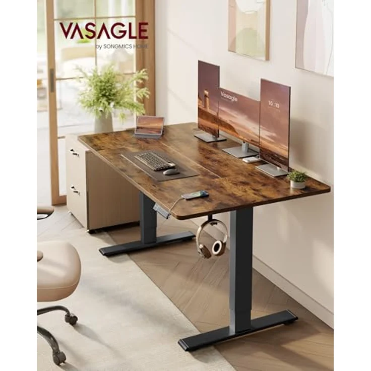 VASAGLE Höhenverstellbarer Schreibtisch, 140x80 cm, USB-C-Anschluss, Ablage für Steckdosenleiste, Stehtisch, Erinnerung bei langem Sitzen, 3 Speichertasten, für Büro, vintagebraun LSD144KD02 – Bild 3