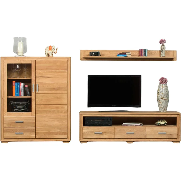 Woodline Wohnzimmerschrank Wildeiche massiv geölt, 3-teilig, Basel Set V Natur 112x40x139 cm
