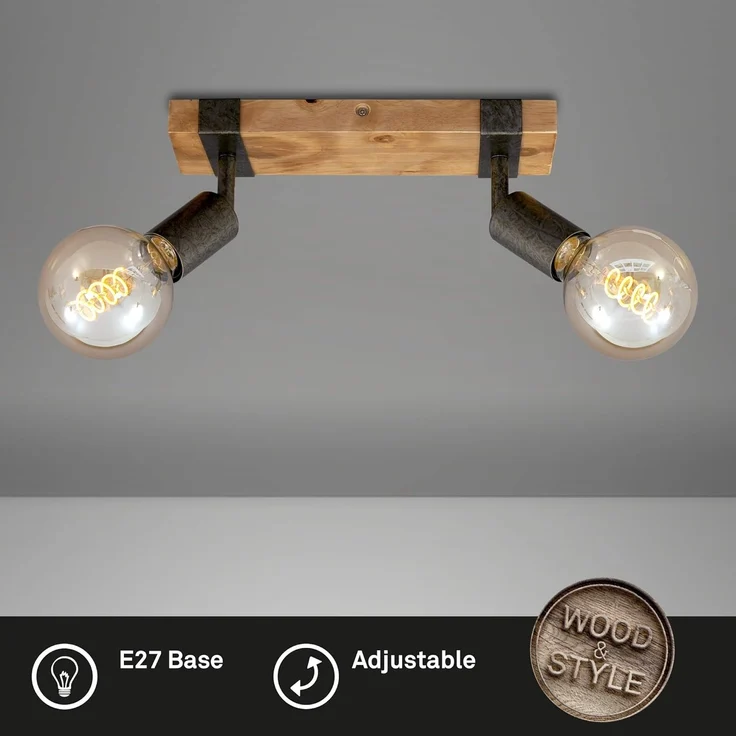 BRILONER - Deckenlampe Vintage schwenkbar, Holzbasis, E27 Fassung, max. 25 Watt, Deckenleuchte, Lampe, Wohnzimmerlampe, Schlafzimmerlampe, Küchenlampe, Deckenstrahler, 28 x 10 x 9 cm, Holz-Schwarz – Bild 2