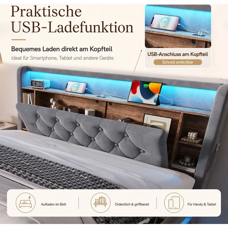 TavilaEcon Boxspringbett Samtbett, Polsterbett mit LED-Beleuchtung & USB-Ladefunktion grau Liegefläche 160 × 200 cm – Bild 5
