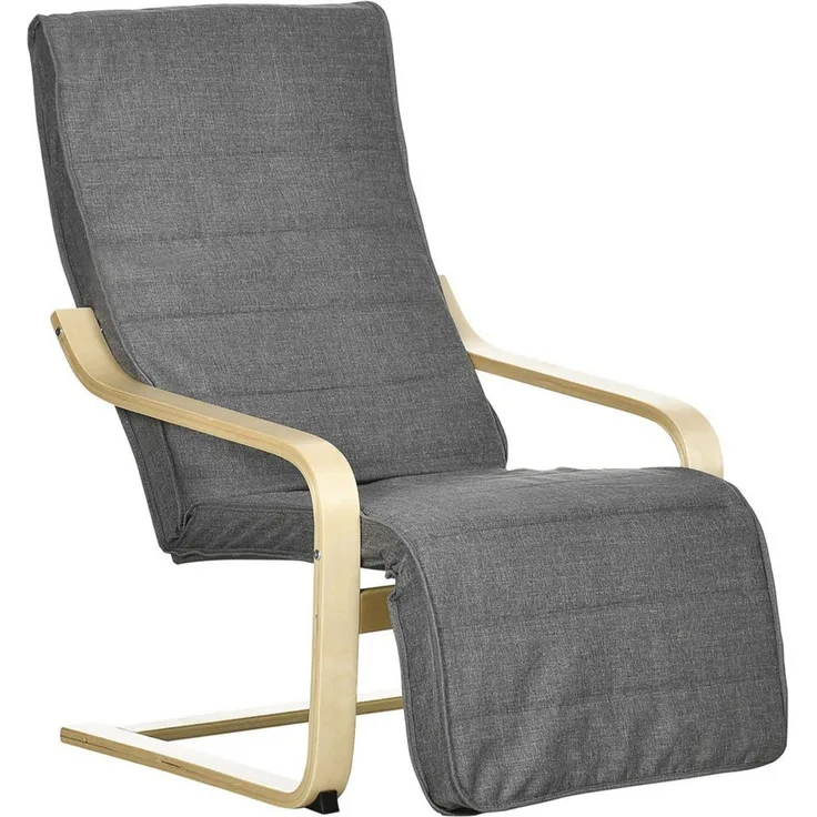 HOMCOM Relaxsessel mit verstellbaren Armlehnen,Stoffdekoration, Holzrahmen (Esszimmerstuhl, 1-St, Schwingstuhl), für Wohnzimmer, Birkenholz, Grau 66,5 x 94 x 100cm