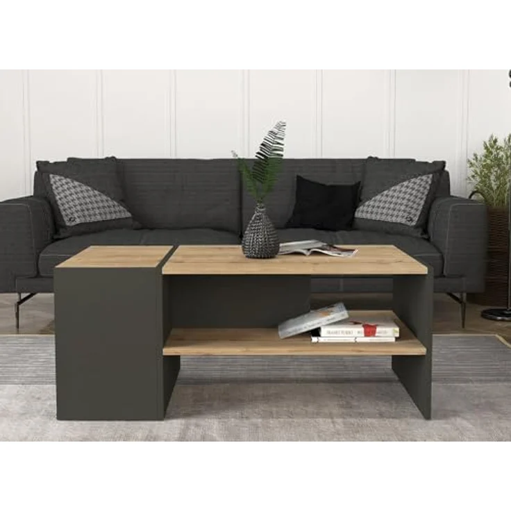 Vente-Unique Couchtisch Velkan, rechteckig, Anthrazit und Holz, 1 Fächer, 60x45x110 cm, ideal für Wohnzimmer – Bild 6