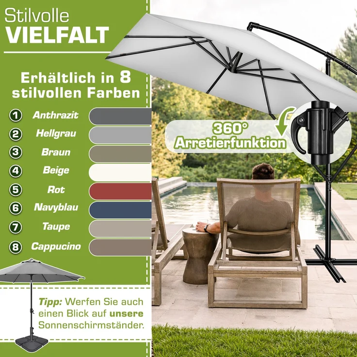 tillvex® Alu Sonnenschirm Rechteckig Ø 330 cm Grau + Abdeckung mit Kurbel | Ampelschirm Eckig mit Ständer & Windschutz | Gartenschirm UV-Schutz Aluminium | Kurbelschirm Marktschirm wasserdicht 360° drehbar – Bild 5