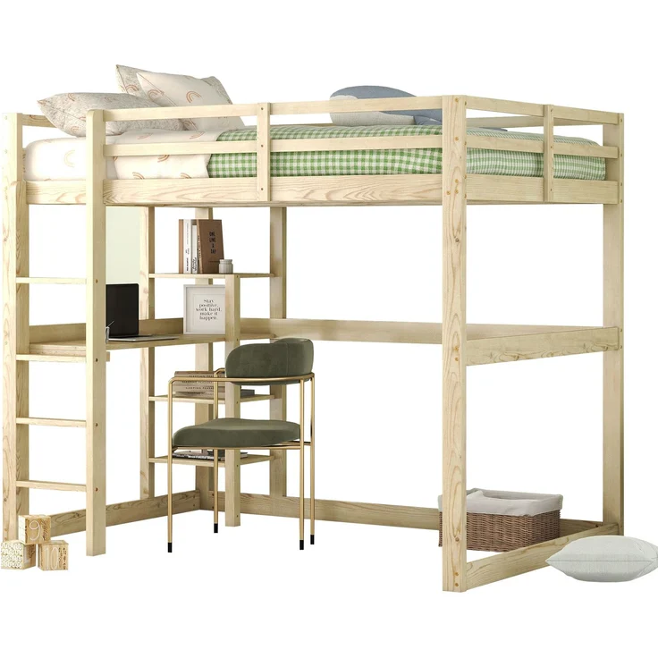 Hochbett 140x200 cm mit Schreibtisch und 4 Ablagefächern, Kinderbett Doppelbett aus massivem Kiefernholz,mit Stauraum,Natur – Bild 5