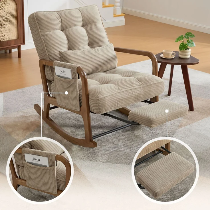 LVHOM Schaukelstuhl mit ausziehbarer Fußstütze, Relaxsessel mit verstellbare Rückenlehne, Loungesessel mit Seitentasche, bis 150 kg belastbar, Khaki – Bild 5