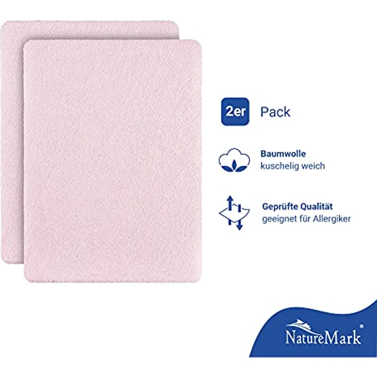 NatureMark Spannbettlaken Frottee Spannbettlaken, 80% Baumwolle / 20% Polyester, Gummizug: rundum, (2 Stück), 2er Set Kinder Spannbettlaken Frottee, Spannbetttuch 80% Baumwolle / 20% Polyester, für Babybett und Kinderbett, 70x140 cm - Rosa – Bild 3