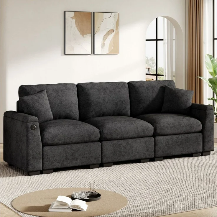 Merax 3-Sitzer Sofa aus weichem Chenille, Multifunktionssofa mit USB-Anschluss, für Wohnzimmer, Büro und Heimkino 1 Teile, XXL Sofa mit klappbarer Rückenlehne, Getränkehalter & Stauraum – Bild 2
