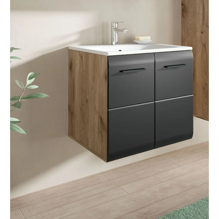 Waschtisch hängend mit Waschbecken Cover in schwarz und Eiche 60 cm – Bild 6