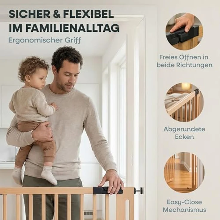 Safetots Naturholz Elegance Treppenschutzgitter, Natur, 87cm - 95cm, Druckmontage Sicherheitsgitter, 65cm Extra Breite Türöffnung, Einteiliges Extra Breites Gitter für Treppen, Flure und Türen – Bild 6