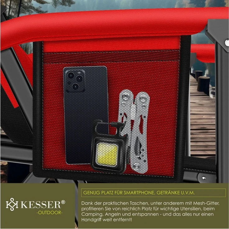 KESSER® Campingstuhl faltbar bis 160 kg, Klappstuhl, Gepolstert mit Armlehnen, Campinglicht und Getränkehalter + Tasche mit hoher Rückenlehne, mit Angelhalterung, Rot / Schwarz, 95 x 65 x 59 cm – Bild 3