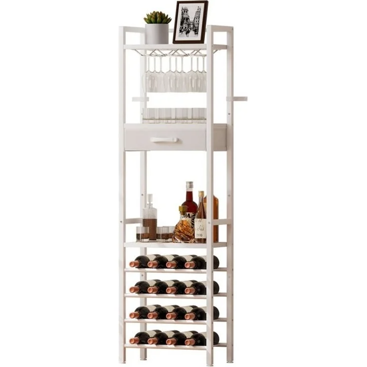 Yorbay Weinregal Vintage Design,Weinständer aus Holz& Metall für 16 Flaschen, 15 Gläser Weinregal mit Ablagefläche und Schublade, für Küche, Wohnzimmer oder als Geschenk – Bild 4