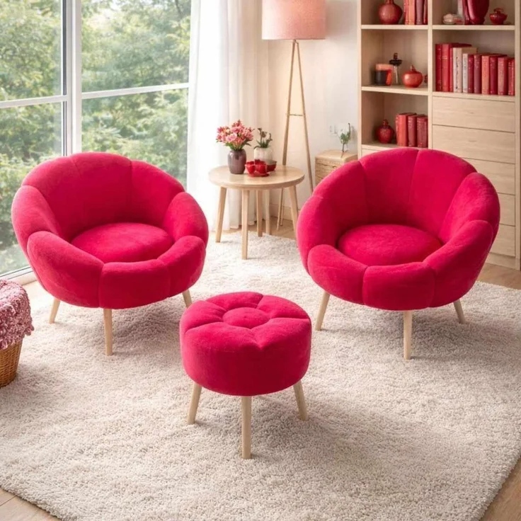 Hanah Home Stilvolles Ohrensessel- und Hocker-Set (3-teilig), Fuchsia, 100% melaminbeschichtet | 18 mm Dicker, weicher Stoff und Beine aus Esche | Perfekt für Moderne Wohnräume – Bild 2