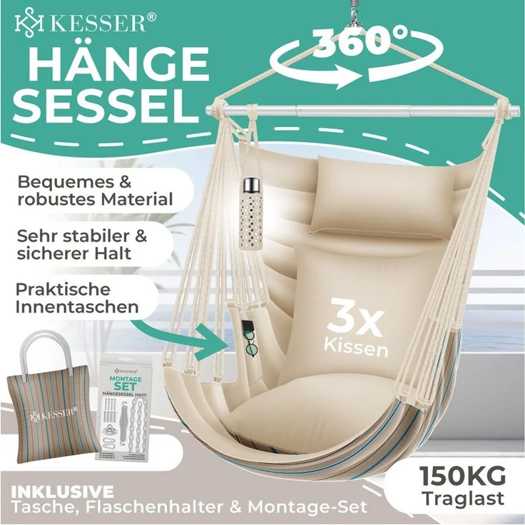 KESSER® Hängesessel Haiti 150kg Traglast, Hängestuhl 360° Drehung, Hängeschaukel Indoor-Outdoor UV-beständig & Wasserfest, Pflegeleicht, Inkl. 2 Kissen, Tragetasche, Flaschenhalter & Montage-Set Cappuccino – Bild 2