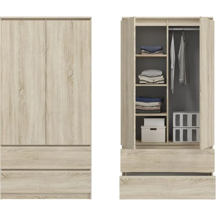 Home Collective Kleiderschrank Schrank 90cm breit mit 2 Schubladen, 3 Einlegeböden und Kleiderstange (Haushaltsschrank Schrank Organizer für Schlafzimmer Flur Keller Büro) robust & vielseitig viel Stauraum 90x50x180 (BxTxH) sonoma