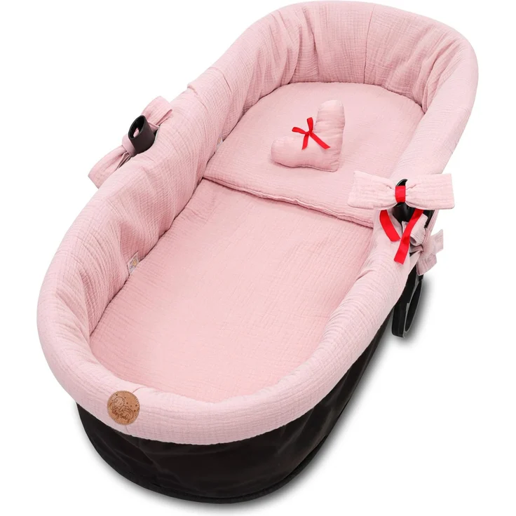 Stubenwagen Umrandung Musselin - Nestchen für Kinderwagen und Buggy Babybett Zubehör Babywanne und Kinderwagenzubehör Set 3-teilig Schonbezug mit Kissen und Einlage Salbeifarbe