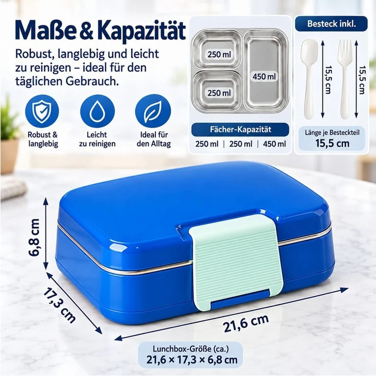 Fyrove Lunchbox Brotdose Kinder, Brotdose Schule, Snackbox Kinder, Brotdose mit Fächern, (1-tlg, 1 x Brotdose mit Deckel und Löffel), Kinder-Brotdose mit 3 Fächern, BPA-frei, wiederverwendbar – Bild 3