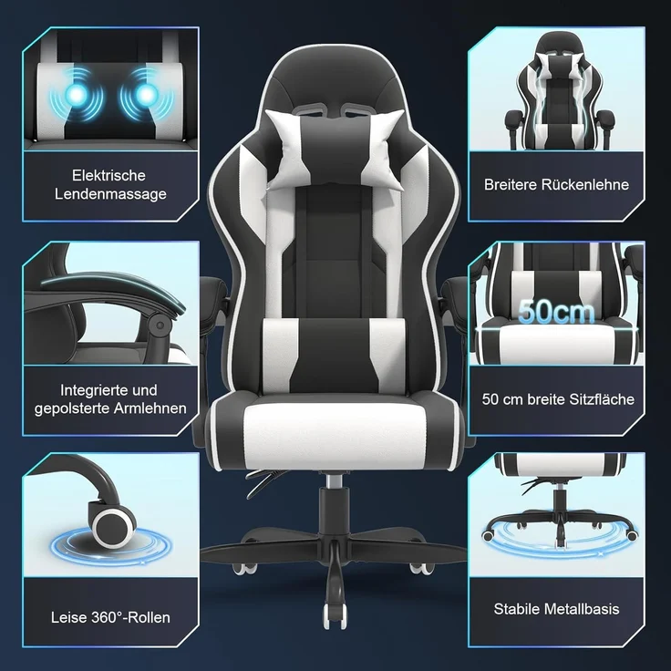 JUMMICO Gaming Stuhl mit Massagefunktion, Bürostuhl Ergonomisch 150kg, Gamer Stuhl mit 50 cm Extrabreites Sitzkissen, Weiß Schwarz – Bild 4