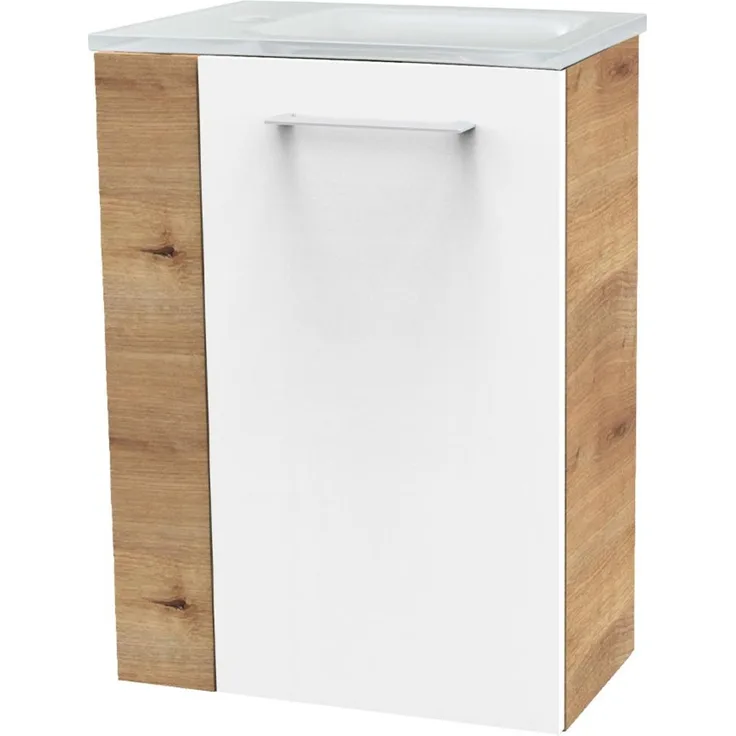 FACKELMANN SBC MILANO Gäste WC Waschtisch Set 45 cm breit, Weiß/Braun hell, Waschbecken Glas Weiß, Türanschlag rechts