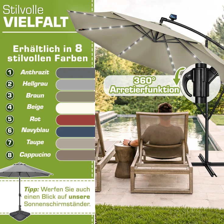 tillvex Alu Ampelschirm Braun LED Solar Ø 350 cm mit Kurbel | Sonnenschirm mit An-/Ausschalter | Gartenschirm UV-Schutz Aluminium | Kurbelschirm mit Ständer Marktschirm wasserdicht – Bild 5