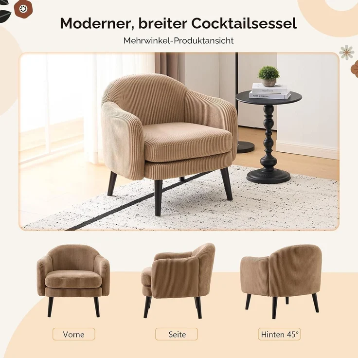 Sessel Cocktailsessel Loungesessel Lesesessel 113kg Cord-stoff Khaki – Bild 7