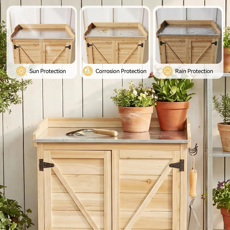 Aoxun Gartenschrank Holz, Pflanztisch mit Geräteschrank Schrank, Doppeltür, Seitenhaken und verstellbarem Regal, Gerätehaus, Gartenschuppen für Garten Terrasse, 64 x 40 x 95cm, Burlywood – Bild 5
