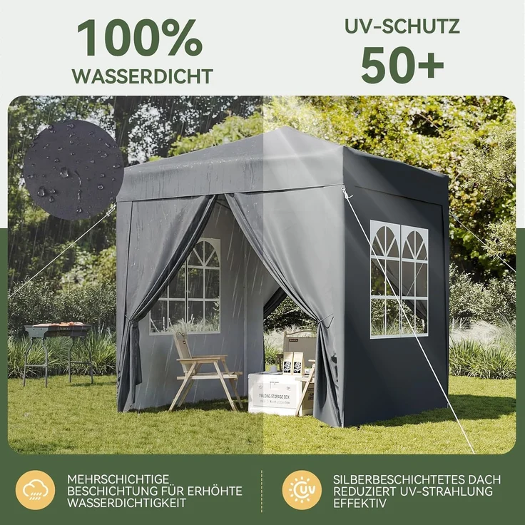 Aoxun Pop Up Pavillon 2x2m Wasserdicht mit 4 Seitenwänden, Metallrahmen-Schutzzelt, Höhe Verstellbar, Faltpavillon 2x2 mit Tragetasche für Camping Party, Grau – Bild 3