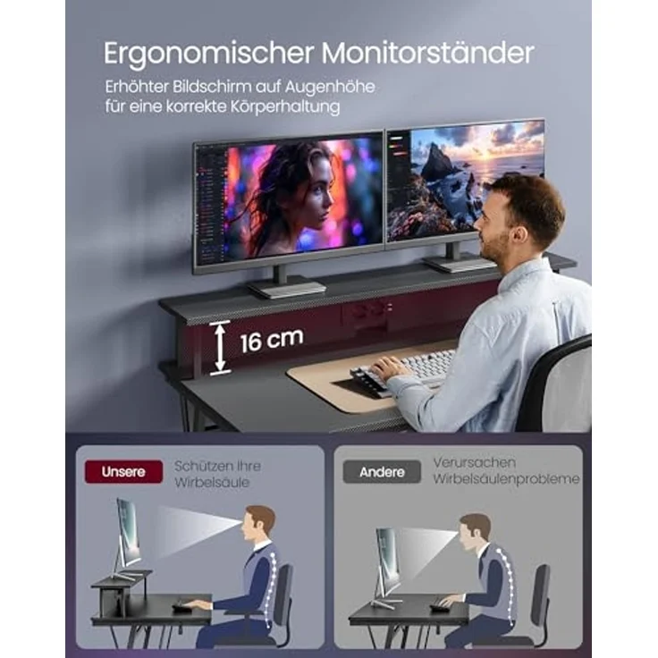 Vasagle Schreibtisch, Gaming Tisch mit eingebauter Steckdosenleiste, Computertisch, mit Monitorständer für 2 Monitore, Schlafzimmer, 60 x 100 x 76 cm, rußschwarz LWDDE191B02 – Bild 7