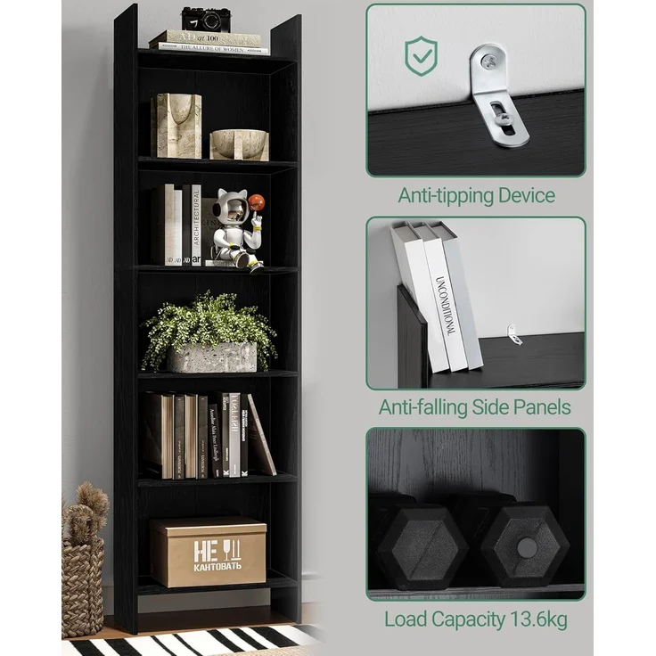 Bücherregal, Regal, Standregal, Büroregal, mit 6 Fächern, offen, für Wohnzimmer, Arbeitszimmer, Büro, als Raumteiler, 24 x 48 x 170 cm, Schwarz – Bild 4