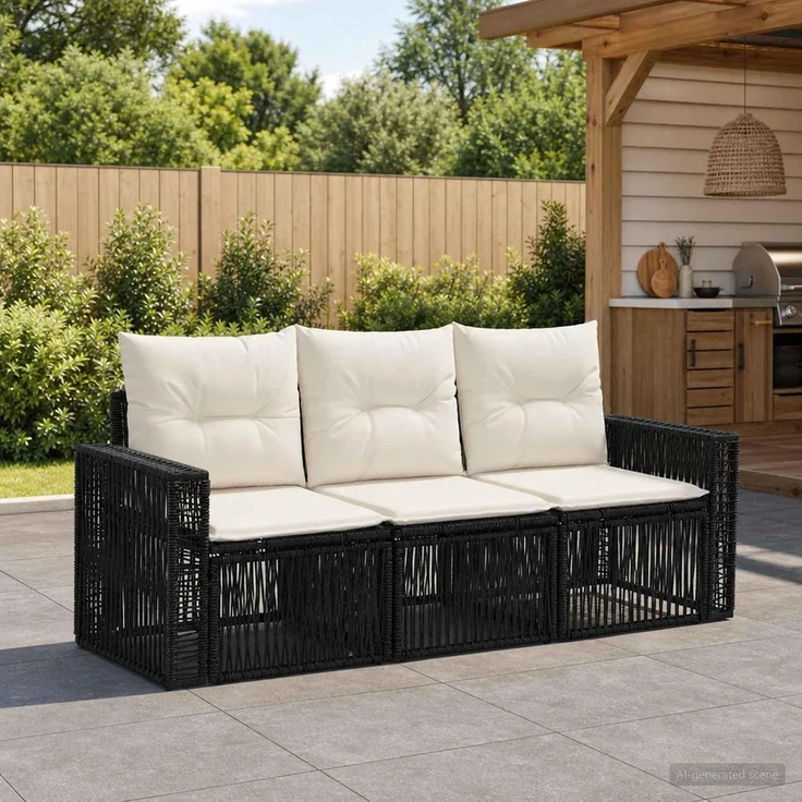 vidaXL Gartensofa-set 3 stk. 3-Sitzer Schwarz und Cremeweiß 3435040 – Bild 2