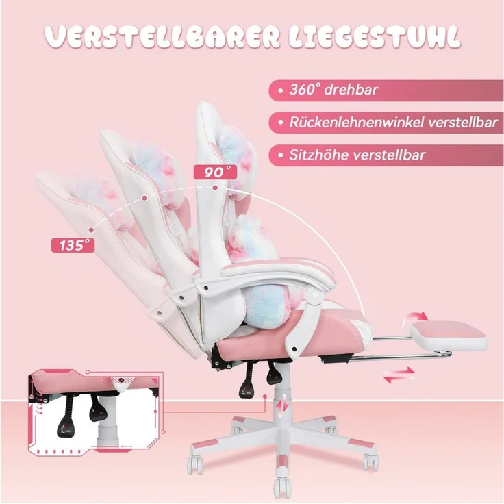 Puluomis Gaming-Stuhl Bürostuhl Ergonomisch mit Katzenpfote Lendenkissen und Katzenohren (Gamer Stuhl, Racing Computerstuhl PC Stuhl mit Fußstütze Kopfstütze), für Mädchen, Teenager, Kinder, Pink – Bild 4
