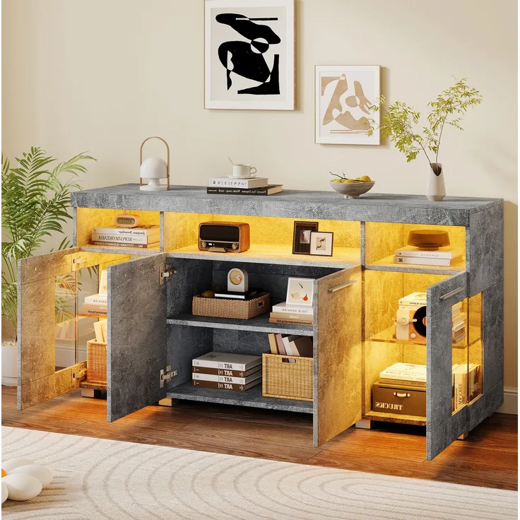 DESVIAE Sideboard mit LED-Beleuchtung und Glastüren, 140x70x40 cm, MDF und Spanplatte, Grau
