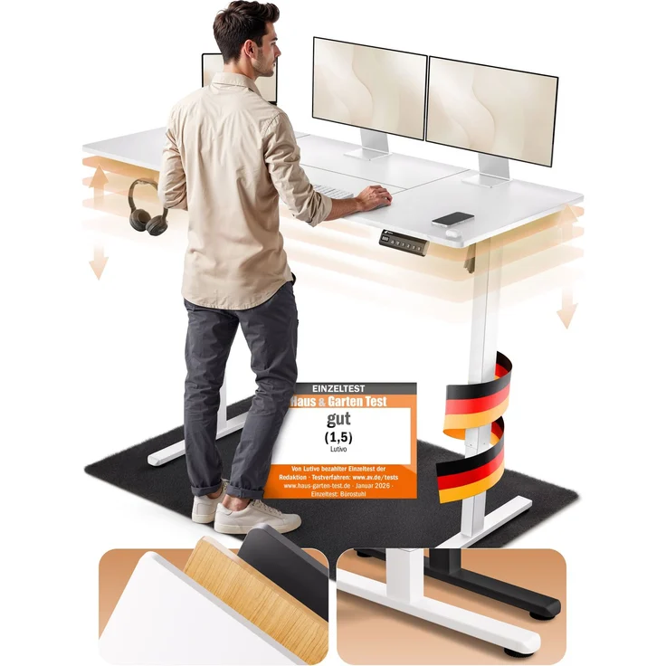 LUTIVO Foxtrot, Höhenverstellbarer Schreibtisch Elektrisch, Memory-Funktion und Kabelmanagement, 140 x 60 cm, Weiß/Weiß – Bild 4