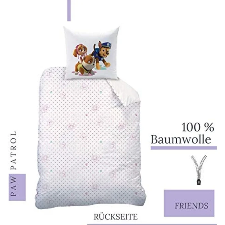 MTOnlinehandel Kinderbettwäsche Paw Patrol 135x200 + 80x80 cm, 100 % Baumwolle, Renforcé, 2 teilig, Bettwäsche-Set Skye & Everest für Kinder, Mädchen und Jungen – Bild 3