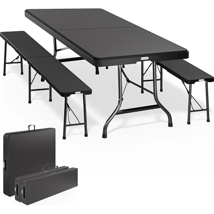 Casaria 'Malmö' Bierzeltgarnitur, 3-teilig, klappbar, Polyrattan schwarz, 180 x 75 x 73 cm – Bild 2