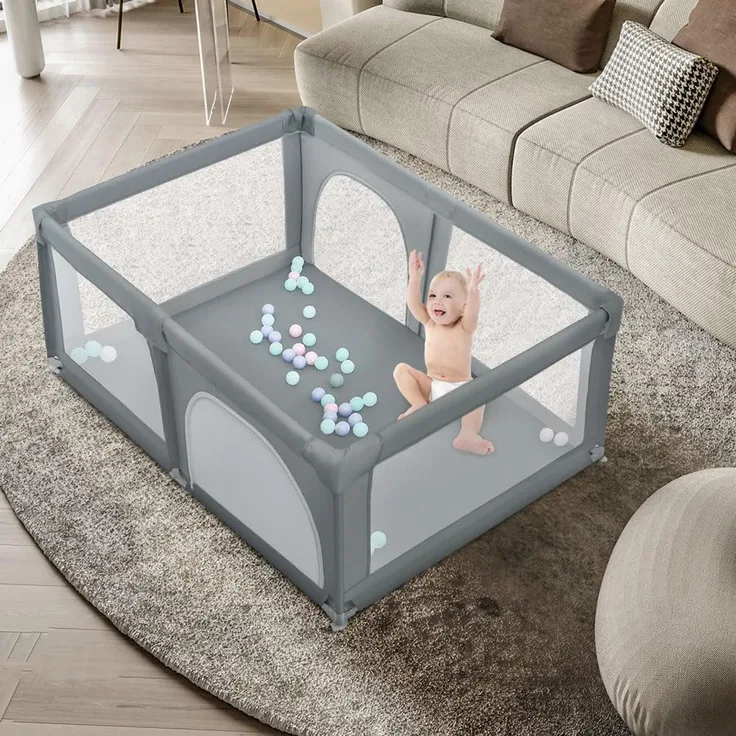 OHMG Laufgitter für Baby,Laufgitter Indoor&Outdoor,Kippsicheres Kinder-Baby-Gitter,Kinderzaun mit Anti-Kollision Schaum Absperrgitter mit atmungsaktivem Netz,für Apartment,50 Spielbällen