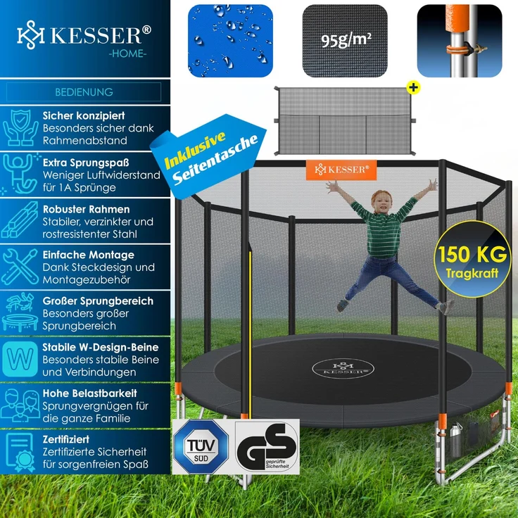 KESSER® Trampolin, Ø 305 cm, mit Sicherheitsnetz, Leiter, Randabdeckung, Seitentasche & Zubehör, Orange – Bild 2