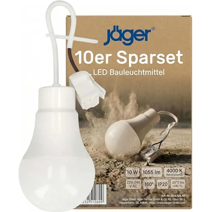 JÄGER 10x LED Bauleuchtmittel, Bruchsichere Baustellenlampe mit 10W, Neutralweiß 4000K, E27 Fassung, Kabel, 1055 Lumen