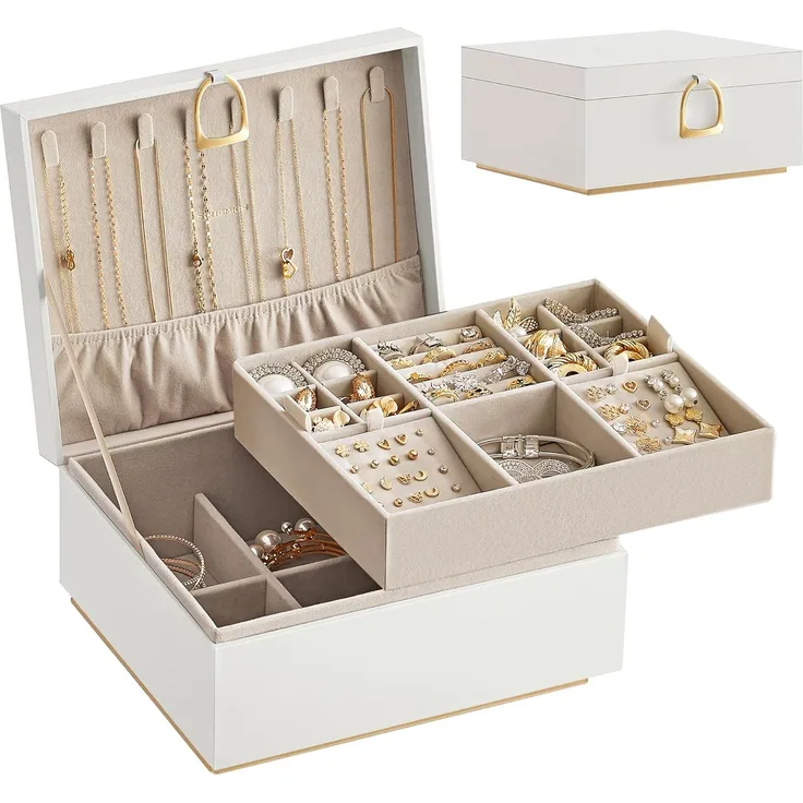 Songmics Schmuckkasten, 2 Ebenen, Schmuckkasten mit Griff, Schmuckbox