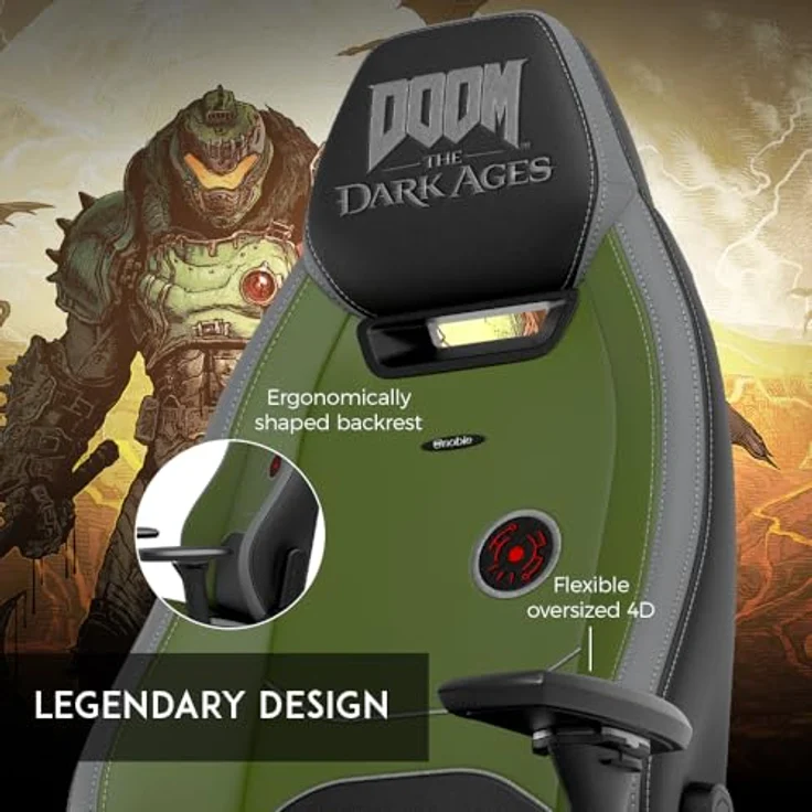 noblechairs LEGEND Gaming Stuhl - DOOM: The Dark Ages Edition, schwarzer Kunstlederbezug mit grünen Akzenten, Kaltschaumpolsterung, bis 150 kg belastbar, ergonomisch verstellbar – Bild 3