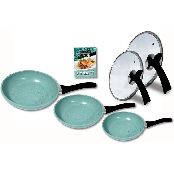 Starlyf Pfannen-Set Jade Pan Set, Aluminium (Starter-Set, 5-tlg, 3 Pfannen, 2 Glasdeckel), Innovativer Deckelgriff zum abstellen