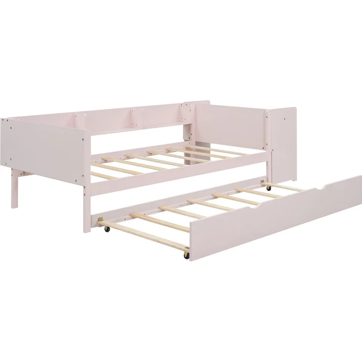 U-life Flachbett 90x200 cm Einzelbett Kinderbett Jugendbett mit Ausziehbett, Schreibtisch und 3 Regalen, Rosa – Bild 2
