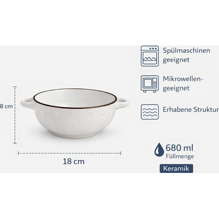 WestCraft Suppenschale Landhaus Suppenschüssel mit Griff Schüssel für heisse Suppen 680 ml, Keramik, (1-tlg), auch für Nudeln, Reis, Desserts, Salate, Suppen, Haferflocken Porridge – Bild 4
