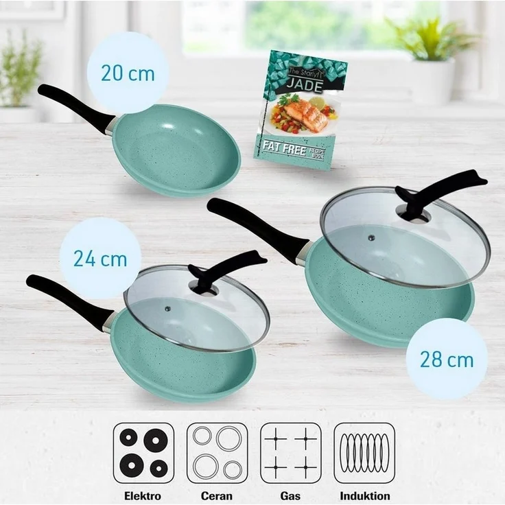 Starlyf Pfannen-Set Jade Pan Set, Aluminium (Starter-Set, 5-tlg, 3 Pfannen, 2 Glasdeckel), Innovativer Deckelgriff zum abstellen – Bild 2