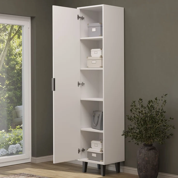 Roomart NORD Hochschrank 199 cm – Flurschrank mit Tür & 5 Fächern – schmal 45 cm – H 199 x B 45 x T 35 cm • Weiß – Bild 2