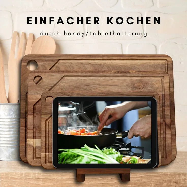 PEGSEN Schneidebrett 3er Set Küchenbretter aus Holz mit praktischen Brettständer, Akazie, (Set, 4-St, mit Handyhalterung), mit praktischen Ständer und Tablet - und Handyhalterung