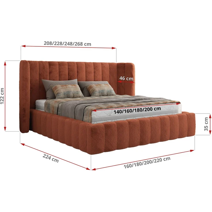 Polsterbett GOLETTA CLASSIC 160 x 200 cm mit gepolstertem Kopfteil, stabilem Bettrahmen, Lattenrost und Bettkasten mit Gasdruckfedern, Doppelbett, zeitloses Design Pocket Matratze - Orange Plüsch - VIRE LUX – Bild 4