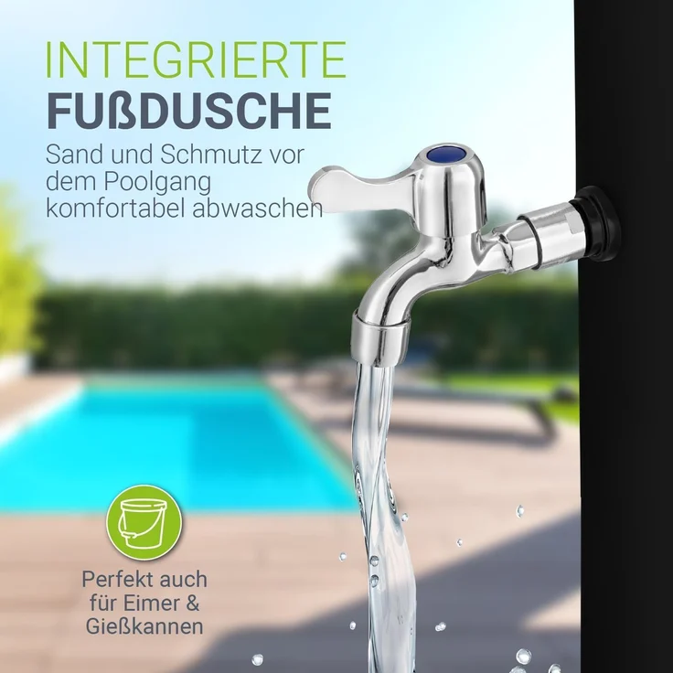 Juskys Solardusche Victoria 60 Liter - 217 cm - bis 60°C – mit schwenkbarem Duschkopf, Fußdusche & Gartenschlauch Anschluss Gartendusche Außendusche – Bild 6