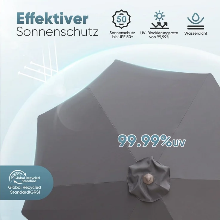 Sekey Sonnenschirm 270cm mit UV50+ Schutz, Wasserabweisend Gartenschirm mit Kurbelbedienung – Ideal für Garten, Balkon & Terrasse – Bild 3